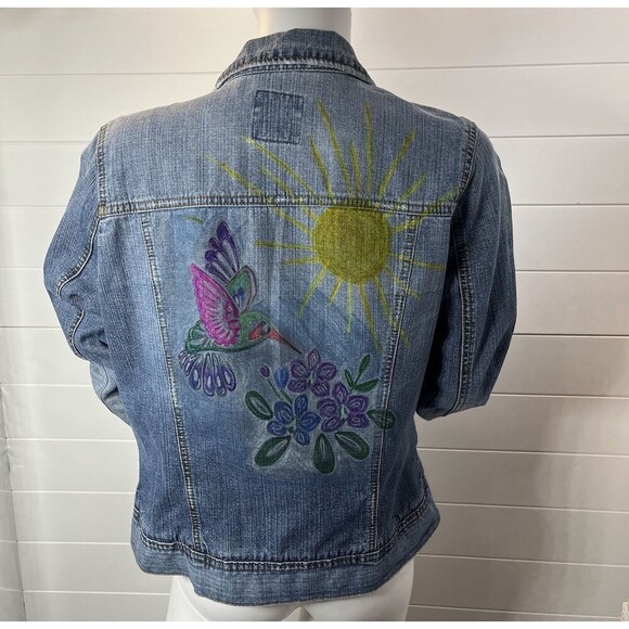Vintage 1990's Y2K Distressed Hand Painted Hummingbird Floral Old Navy Jacket L - Picture 3 of 10